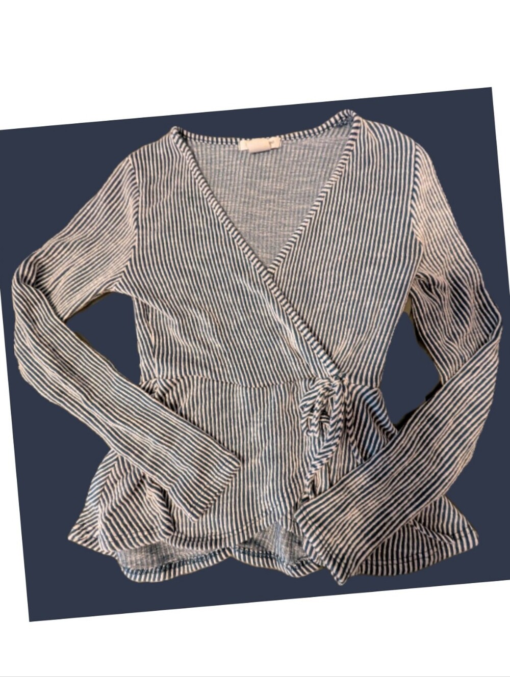 Striped Faux Wrap Peplum Top - Blue & White, Size Small